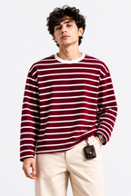 Mahroon Stripe Loose Fit Cropped T-Shirt