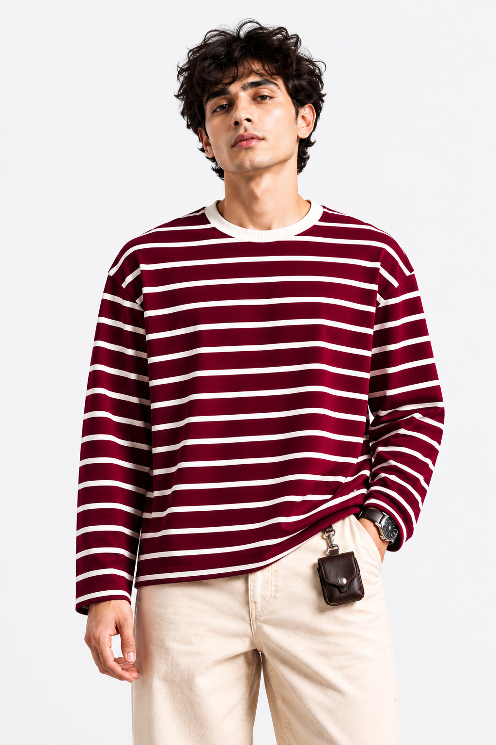 Mahroon Stripe Loose Fit Cropped T-Shirt