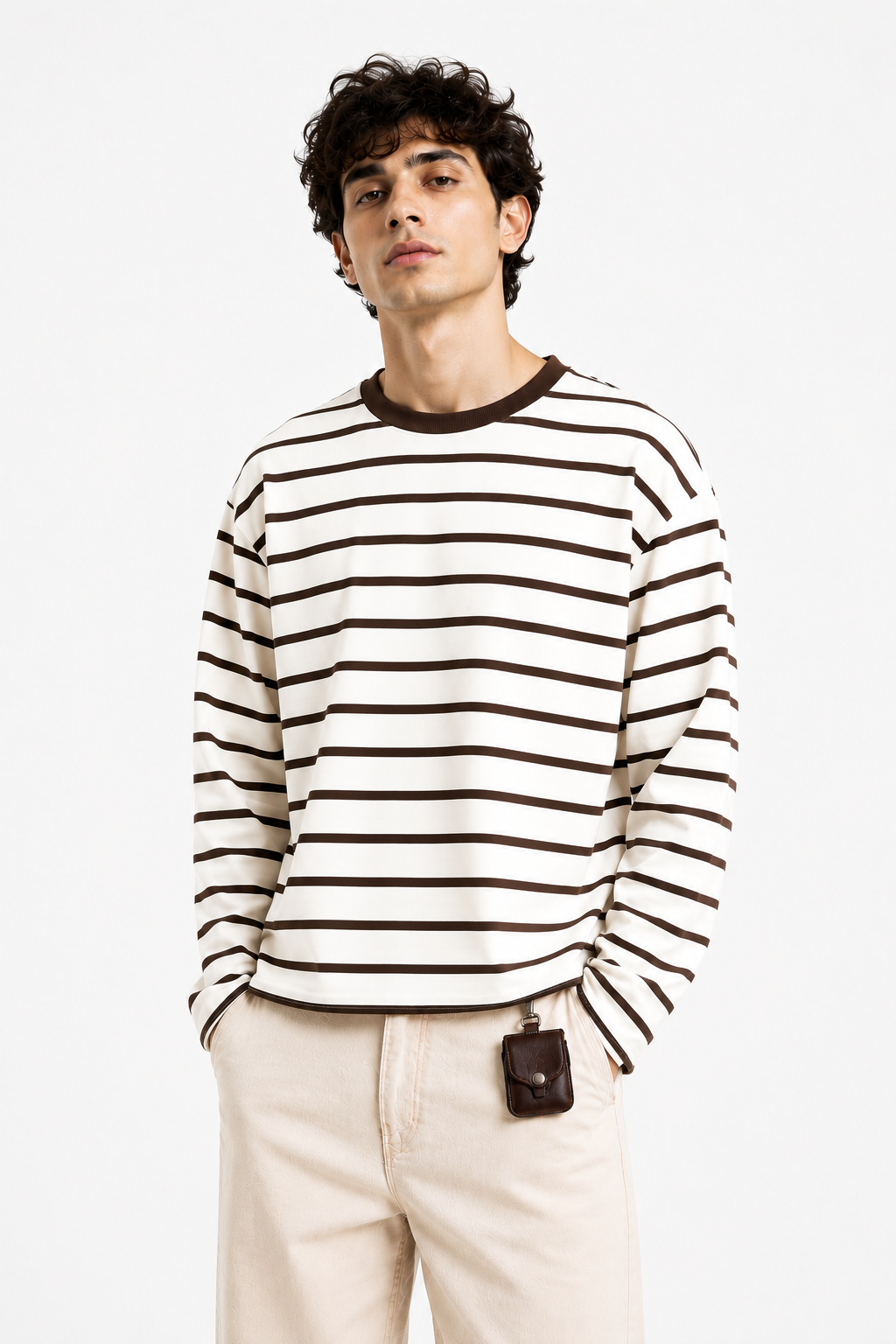 Brown Stripe Loose Fit Cropped T-Shirt