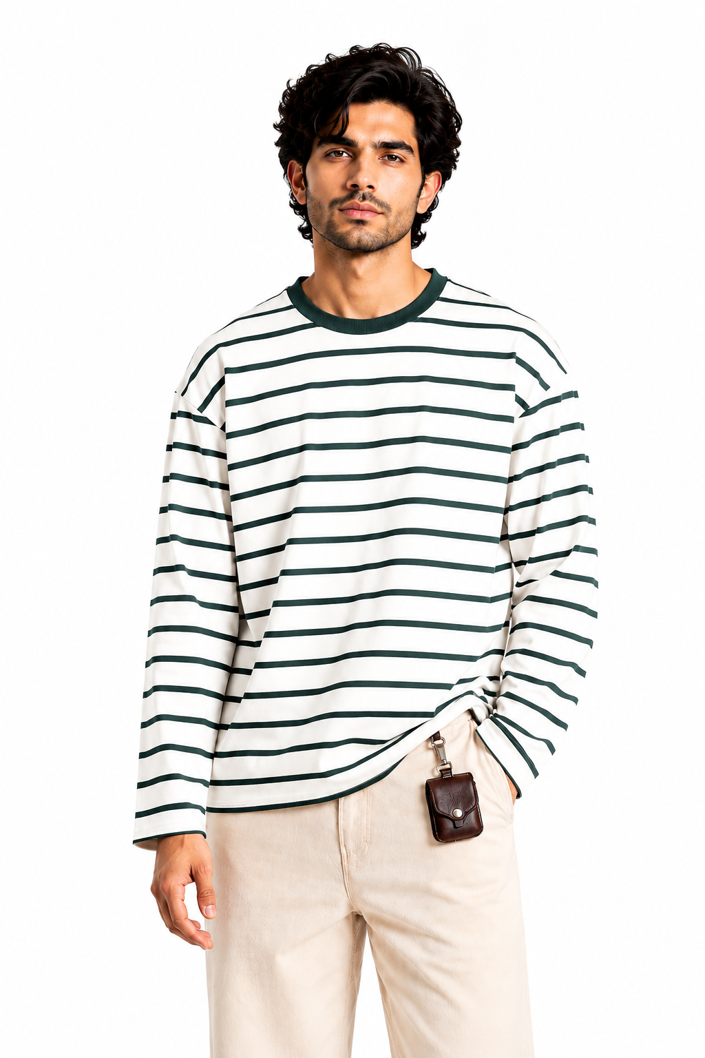Teal Green Stripe Loose Fit Cropped T-Shirt