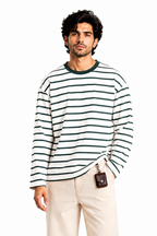 Teal Green Stripe Loose Fit Cropped T-Shirt