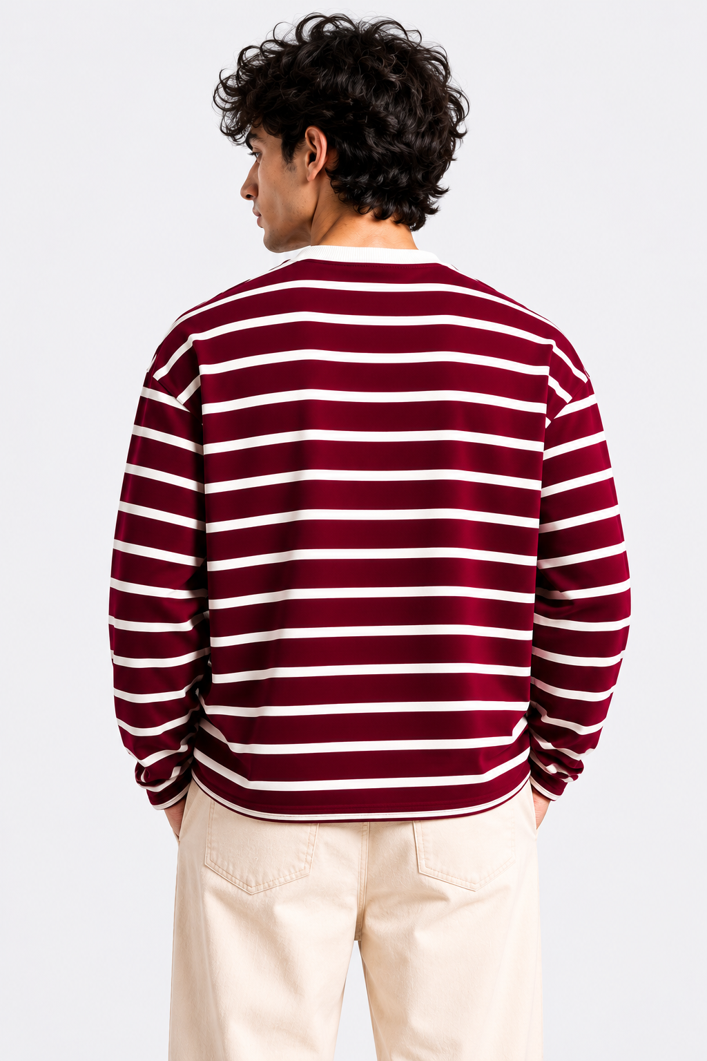 Mahroon Stripe Loose Fit Cropped T-Shirt