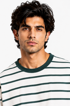 Teal Green Stripe Loose Fit Cropped T-Shirt