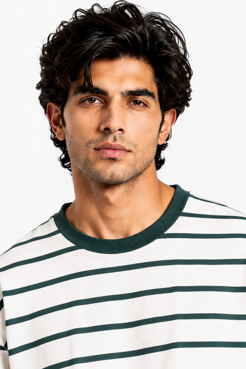 Teal Green Stripe Loose Fit Cropped T-Shirt
