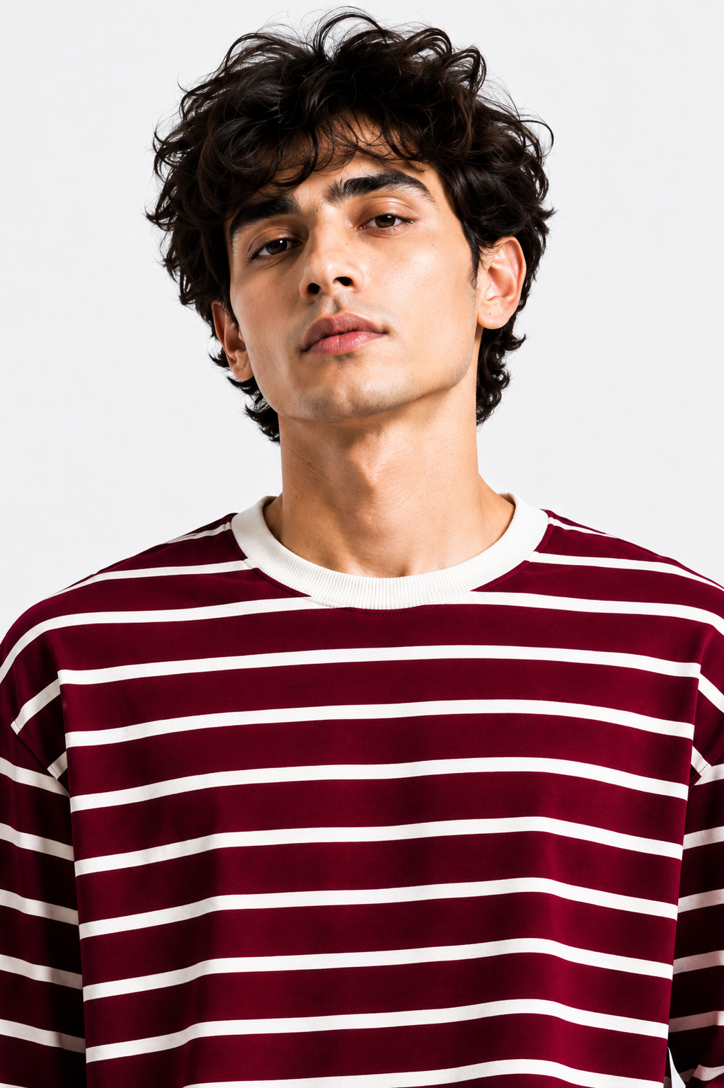 Mahroon Stripe Loose Fit Cropped T-Shirt