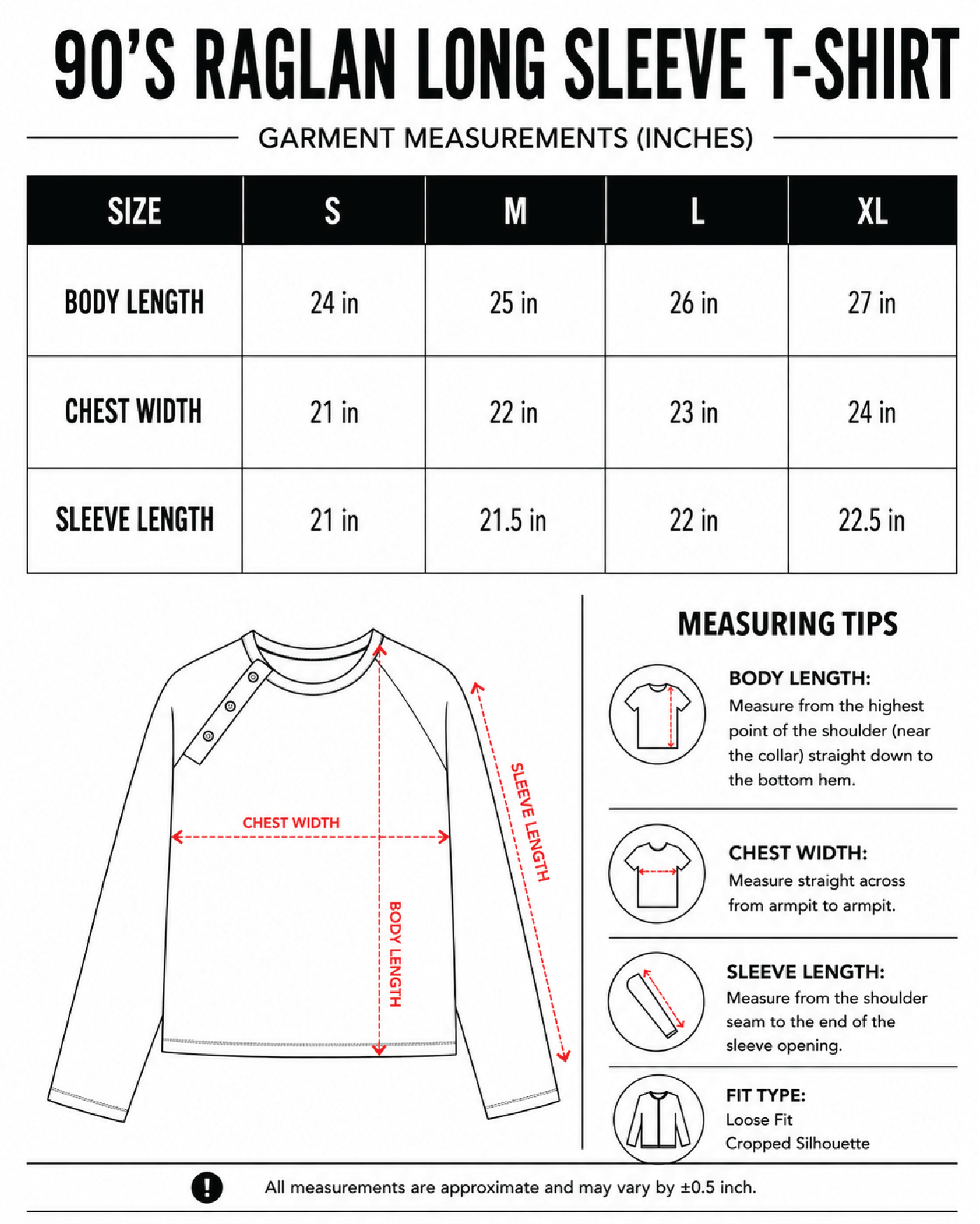 90's Raglan | Evergreen size chart