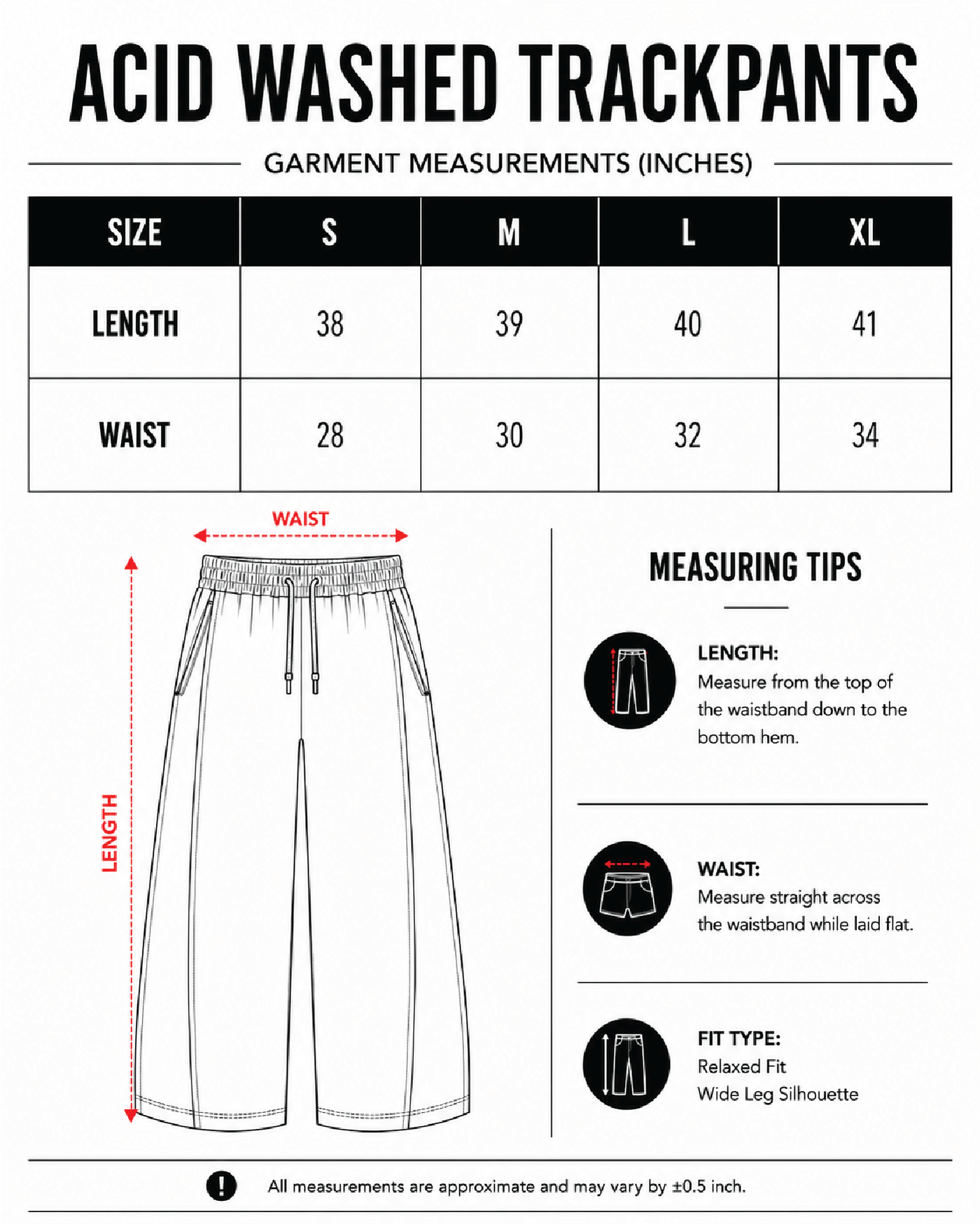 Vintage Black Washed Wide-Leg Track Pants size chart