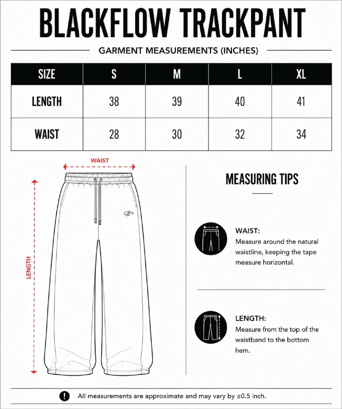 BLACKFLOW TRACKPANT size chart
