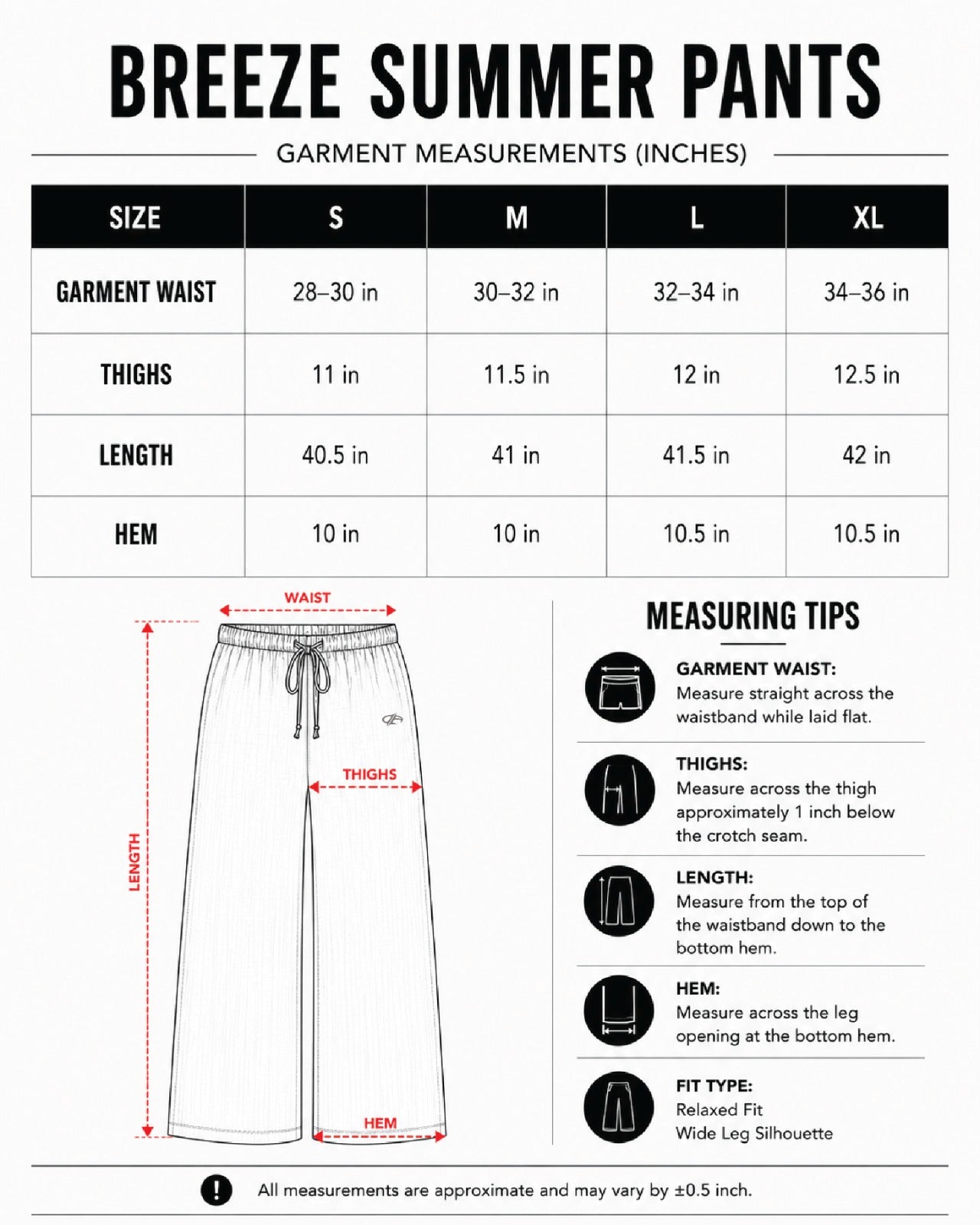 Breeze Summer Pants : Yellow size chart