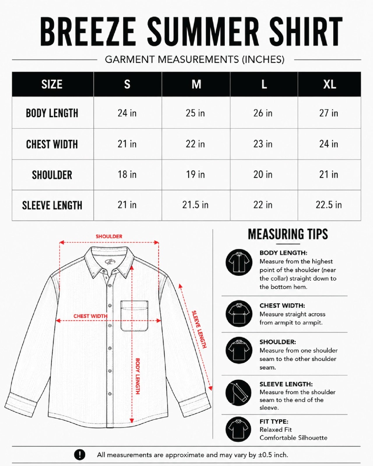 Breeze Summer Shirt : Pistachio Green size chart