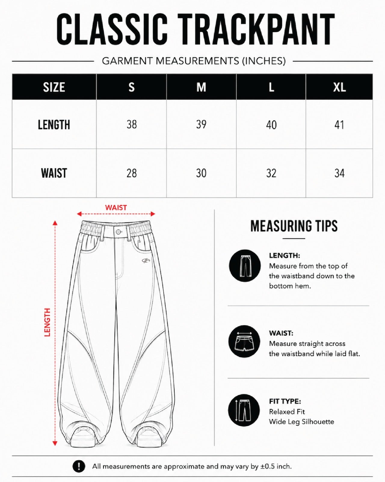 Classic Grey Trackpant size chart