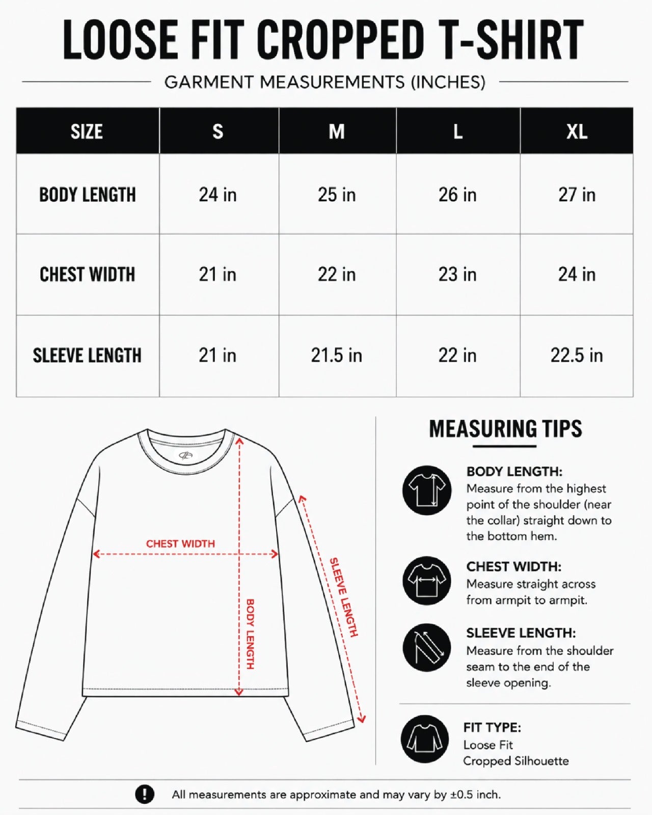 Black Loose Fit Cropped T-Shirt size chart