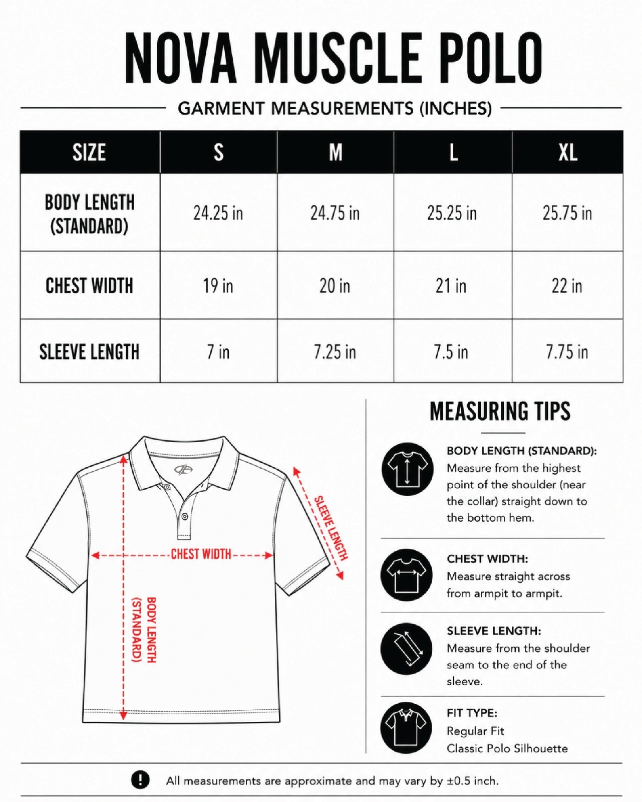 Nova Muscle Polo | Vintage Black size chart