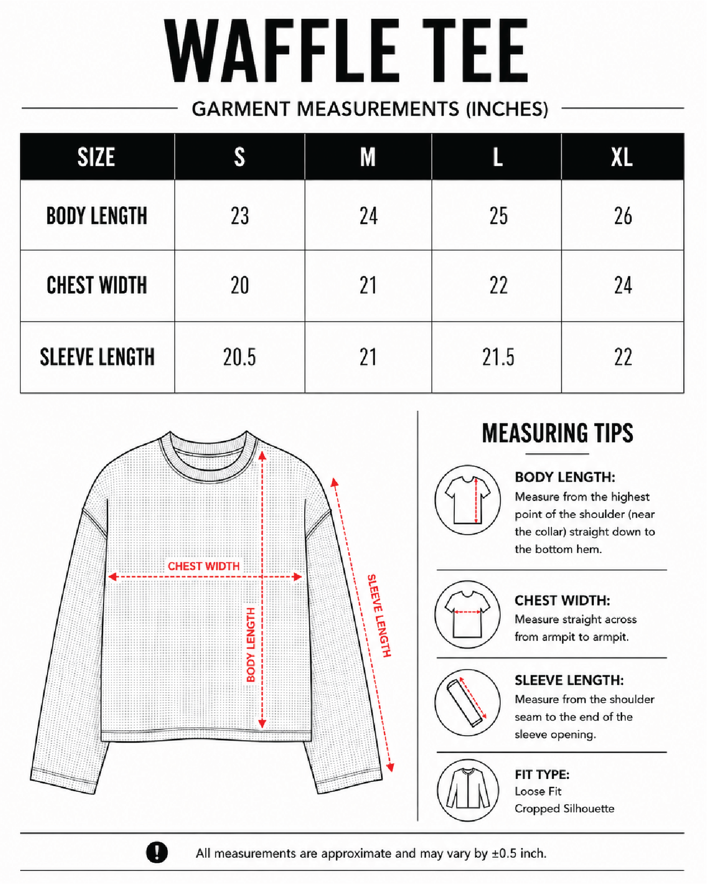 Waffle Tee | Black size chart