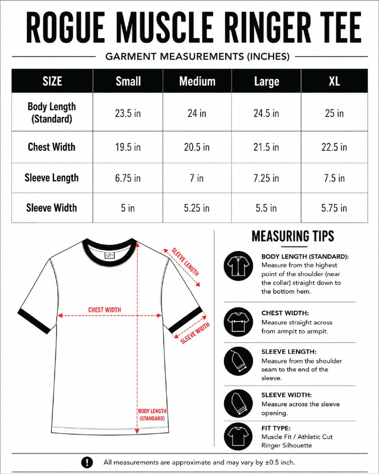 Rogue Muscle Ringer Tee | Red Black size chart