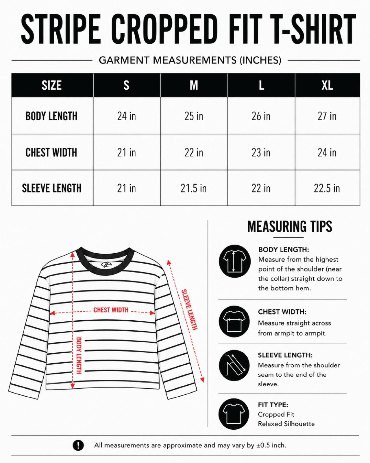 Brown Stripe Loose Fit Cropped T-Shirt size chart