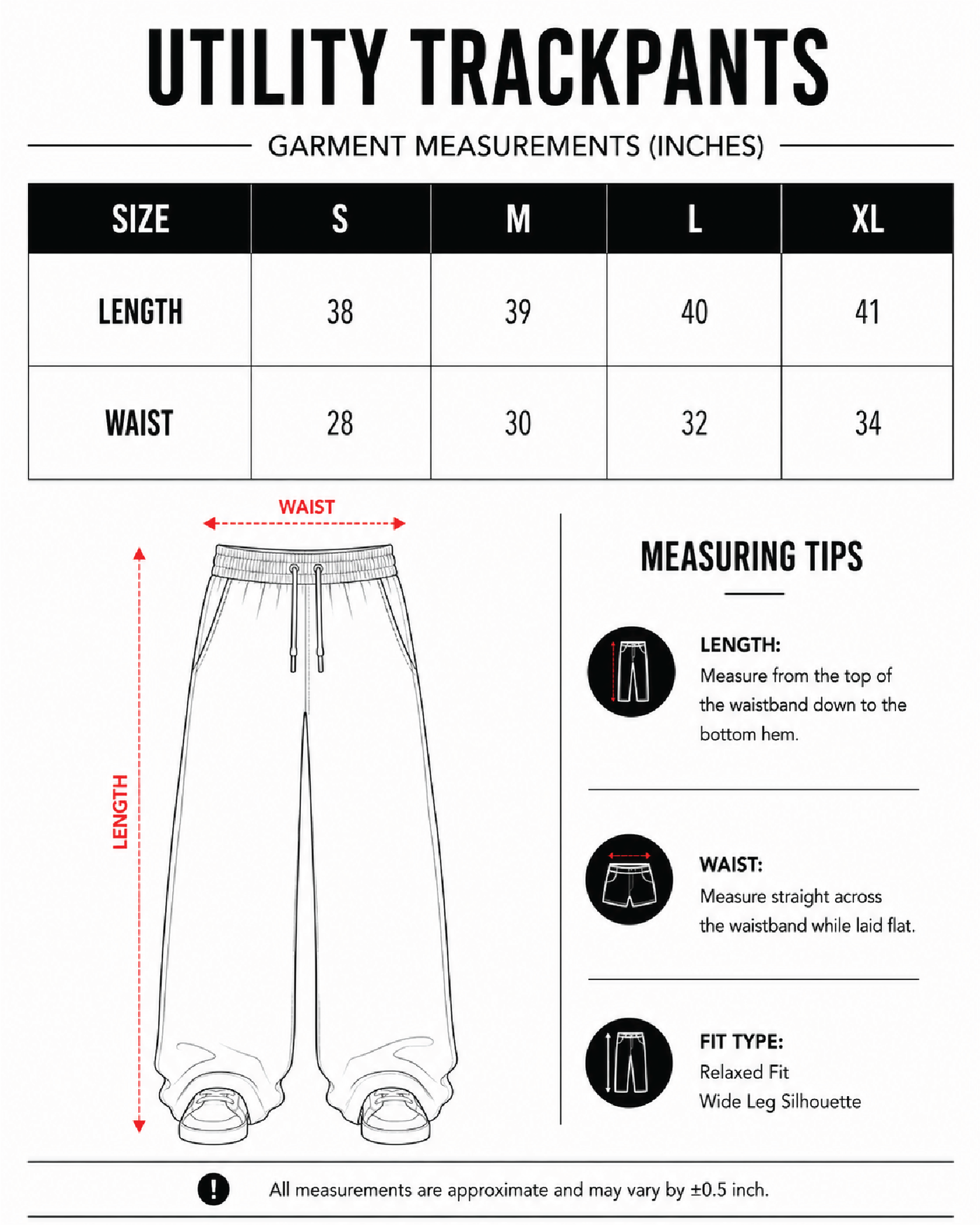 Utility Trackpants | Black size chart