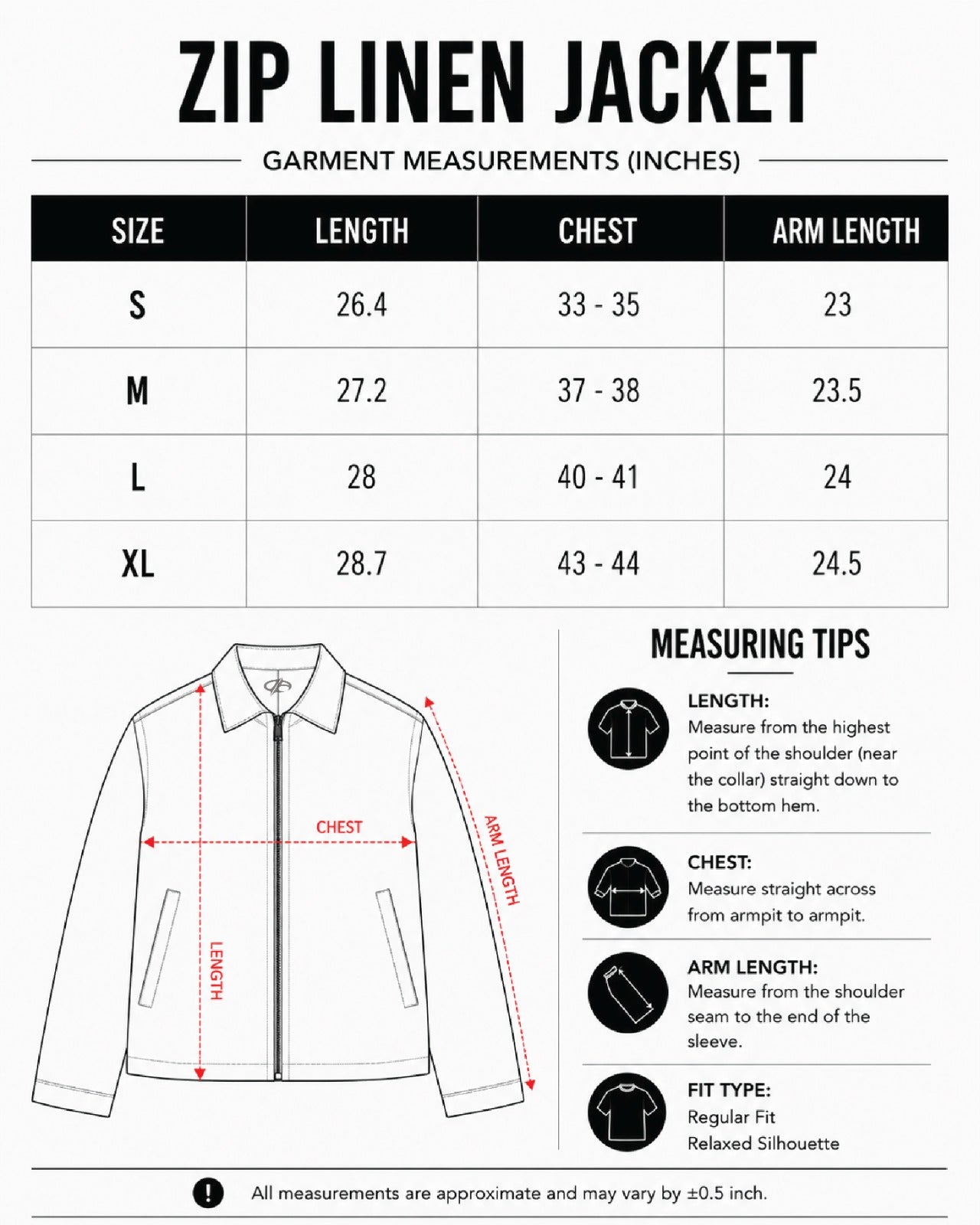 Ivory Breeze Zip Linen Jacket size chart