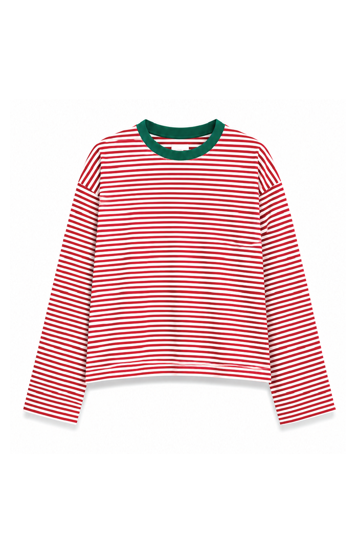 Cherry Red Stripe Cropped Long Sleeve T-Shirt