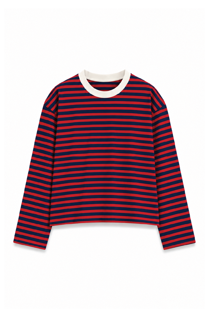 Crimson Red Stripe Cropped Long Sleeve T-Shirt