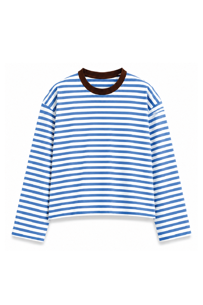 Ocean Blue Stripe Cropped Long Sleeve T-Shirt